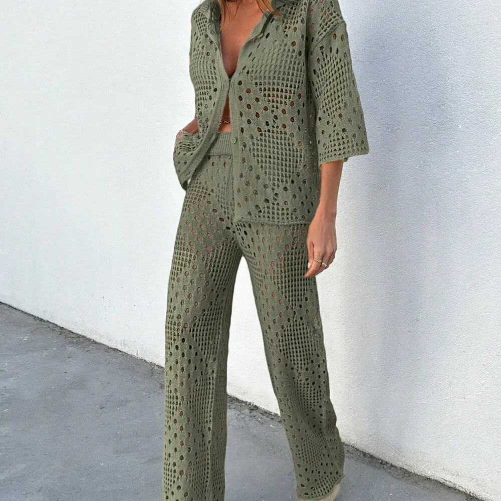 Olive Green Women's Set Rhombus Crochet Loose Batwing Cover Up And Loose Pants